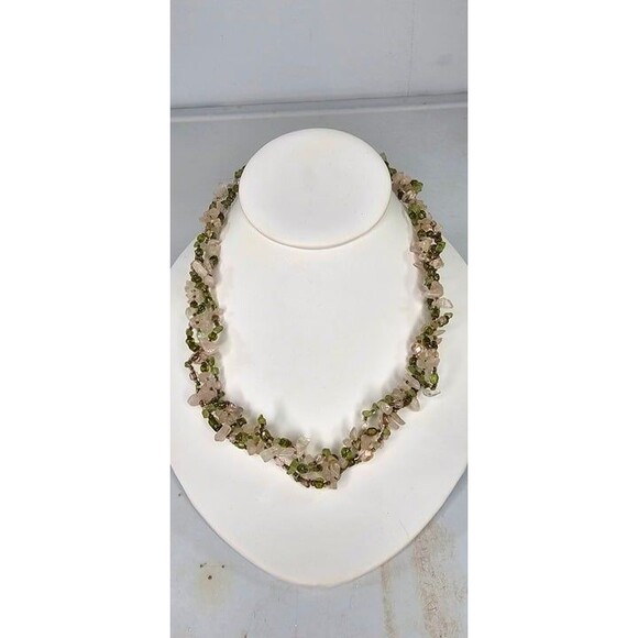 Handmade Pink Jadeite, Green Glass & Acrylic Beaded Braided Twist Necklace 18"L - Picture 5 of 5